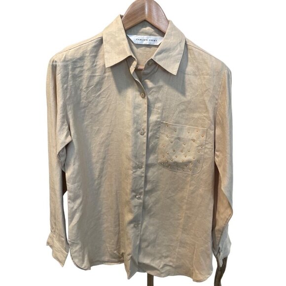 Vintage 90s Carlies Court Brown Linen Long Sleeve Button Down Shirt - Picture 2 of 10